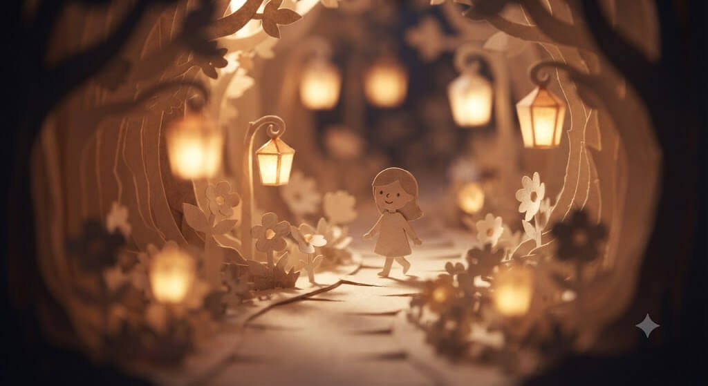 [Style] 3D paper sculpture style, paper art stop-motion animation, multi-layered cardboard. [Light and Shadow] Warm amber tones, backlighting with translucency. [Motion] The character walks slowly, fairy lamp glows, gentle touch on a flower.